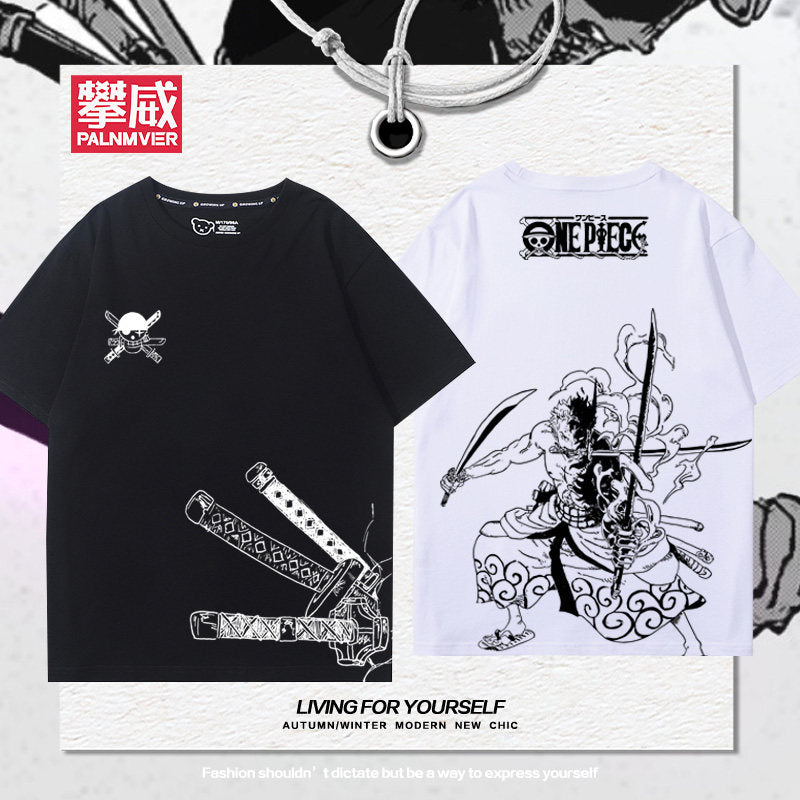 Japanese One Piece anime Zoro printed short sleeve short-sleeve for men's and women's teen students Summer versatile loose T-shirt trend